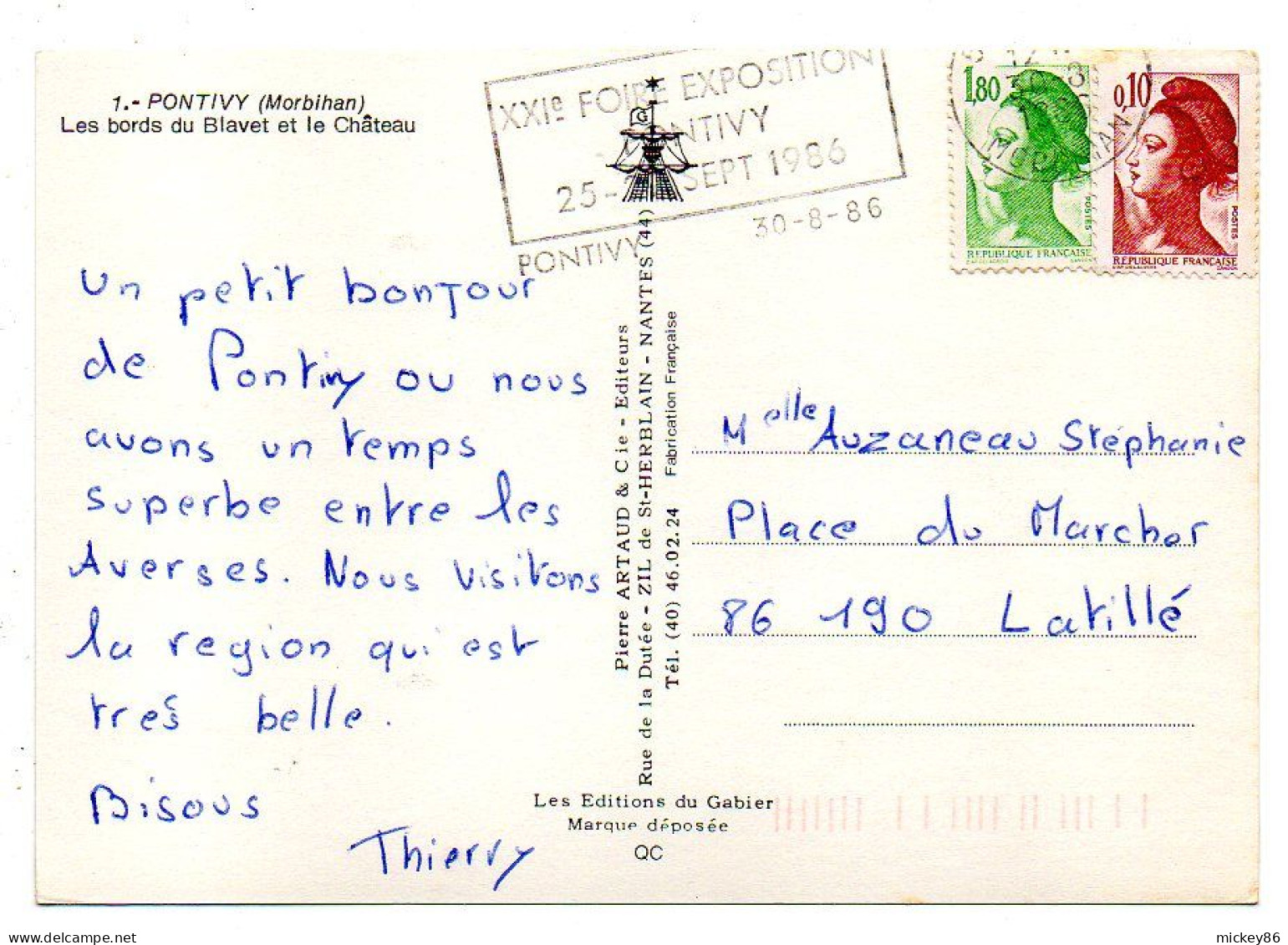 PONTIVY  -1986 -- Les Bords Du Blavet Et Le Chateau ....timbre.....cachet  21° Foire Expo - Pontivy
