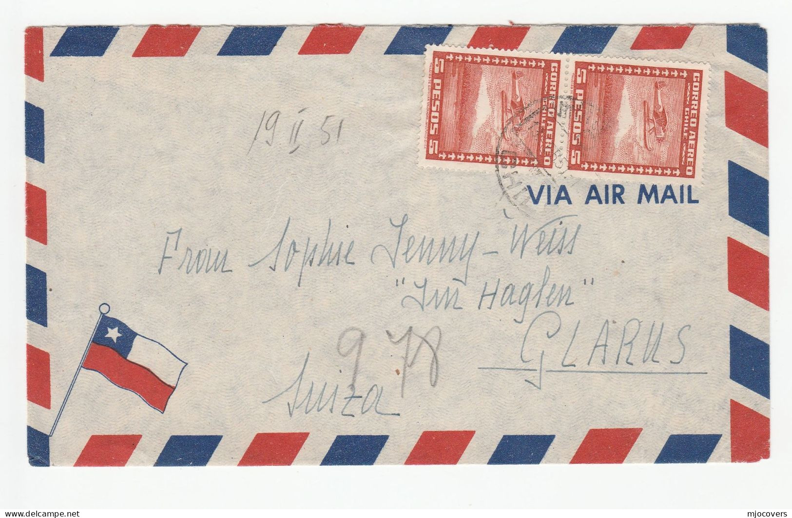 FLAGS - 1951 CHILE FLAG Air Mail COVER To Switzerland Seaplane Stamps  Aviation - Omslagen