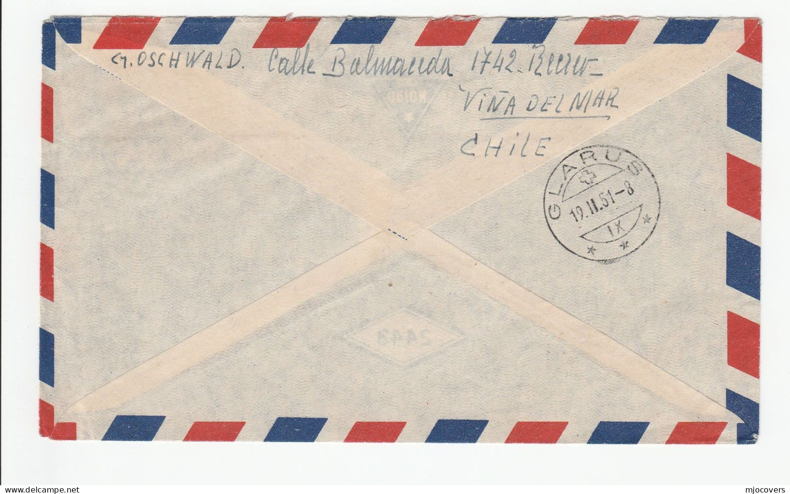 FLAGS - 1951 CHILE FLAG Air Mail COVER To Switzerland Seaplane Stamps  Aviation - Covers