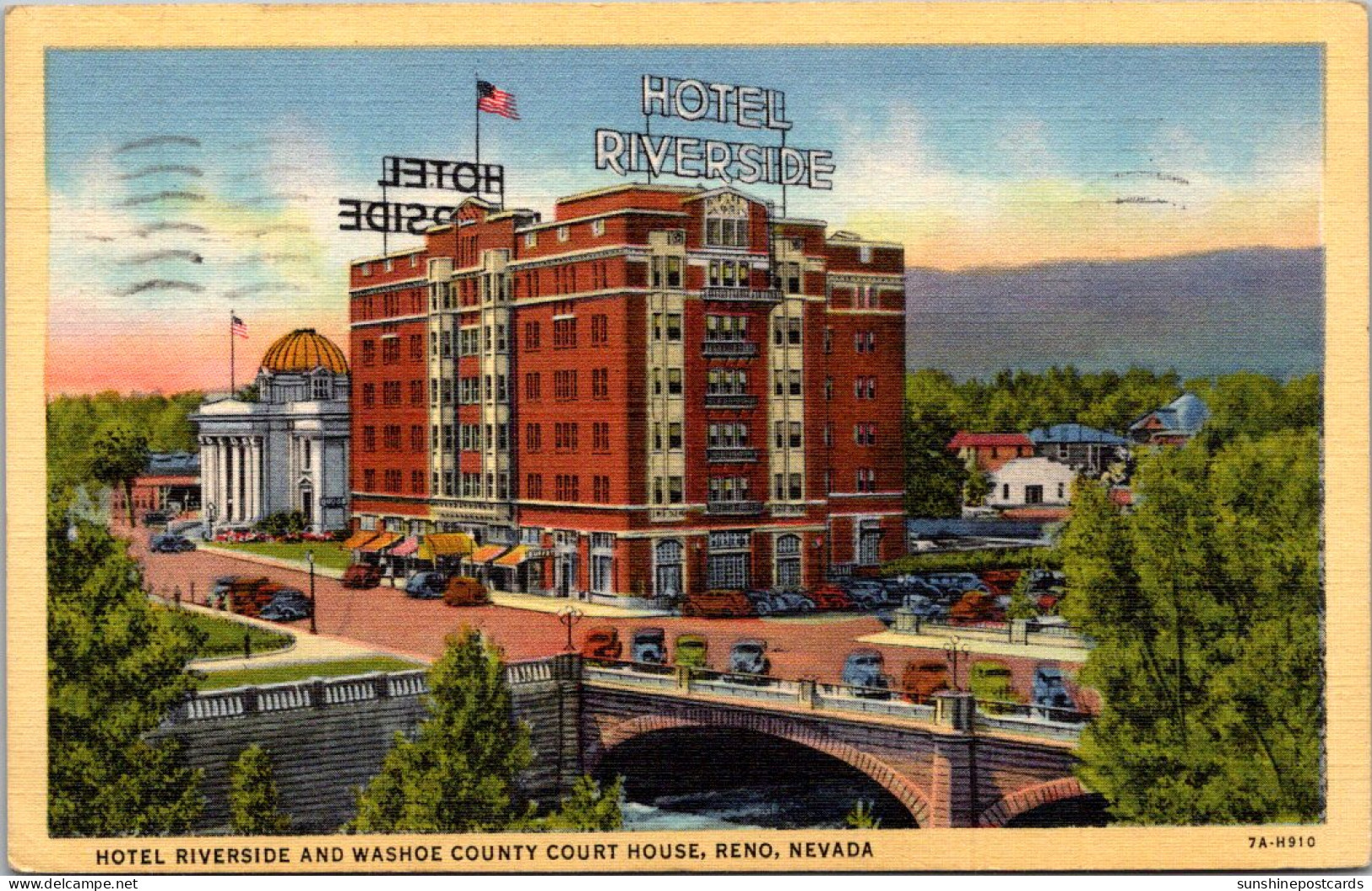 Nevada Reno Hotel Riverside And Washoe County Court House 1948 Curteich - Reno