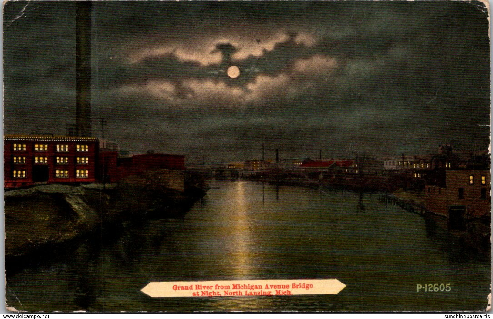 Michigan North Lansing Grand River From Michigan Avenue Bridge At Night 1917 - Lansing