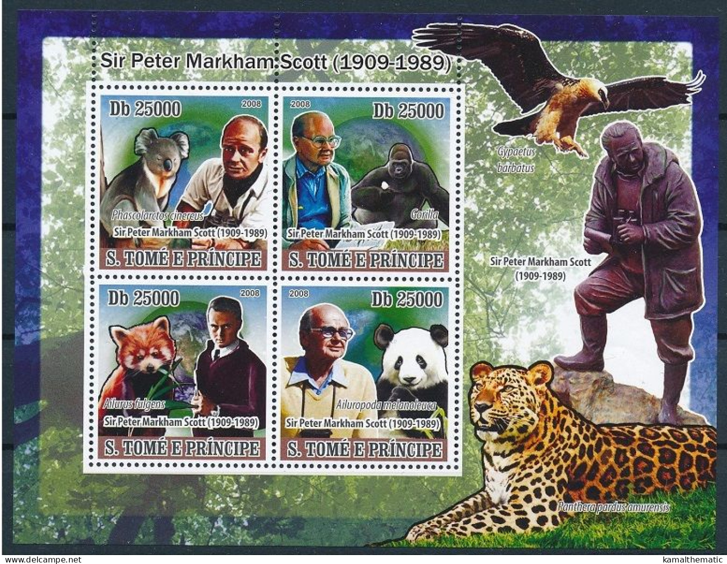 Sao Tome 2008 MNH SS, British Ornithologist Peter Scott, Giant Panda, Gorilla, Animals - Gorilles