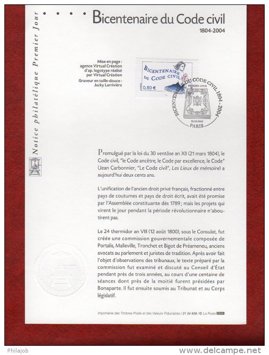 " BICENTENAIRE DU CODE CIVIL / NAPOLEON " Sur Notice Officielle 1er Jour De 2004. N° YT 3644.  Parfait état ! - Napoleone