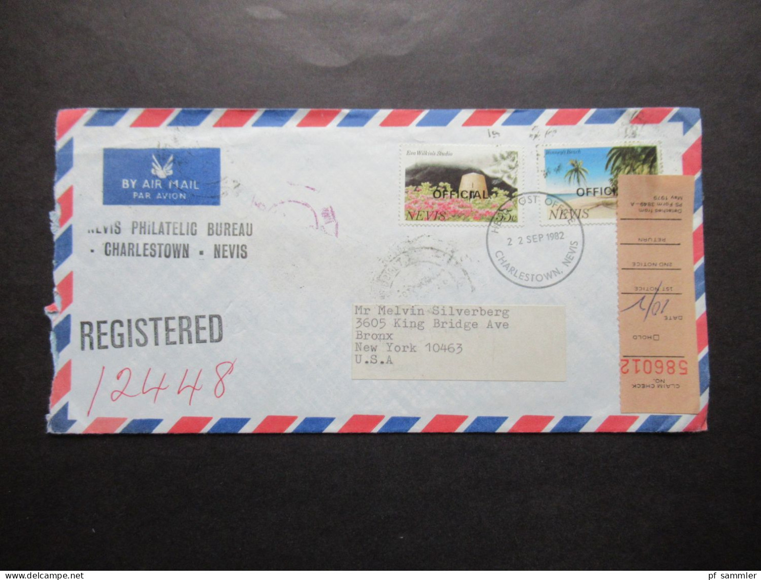 1982 Air Mail Registered Nevis Philatelic Bureau Charlestown Nevis Marken Mit Aufdruck Official Mit Zettel Claim Check - St.Kitts Und Nevis ( 1983-...)