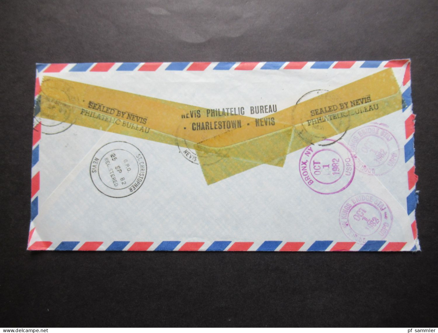 1982 Air Mail Registered Nevis Philatelic Bureau Charlestown Nevis Marken Mit Aufdruck Official Mit Zettel Claim Check - St.Kitts Und Nevis ( 1983-...)