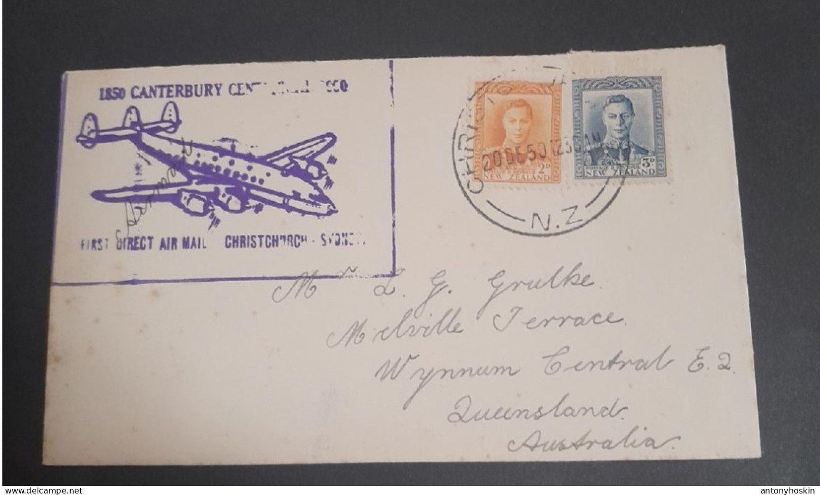 20 Dec 1950 First Direct Air Mail Christchurch -Sydney - Airmail