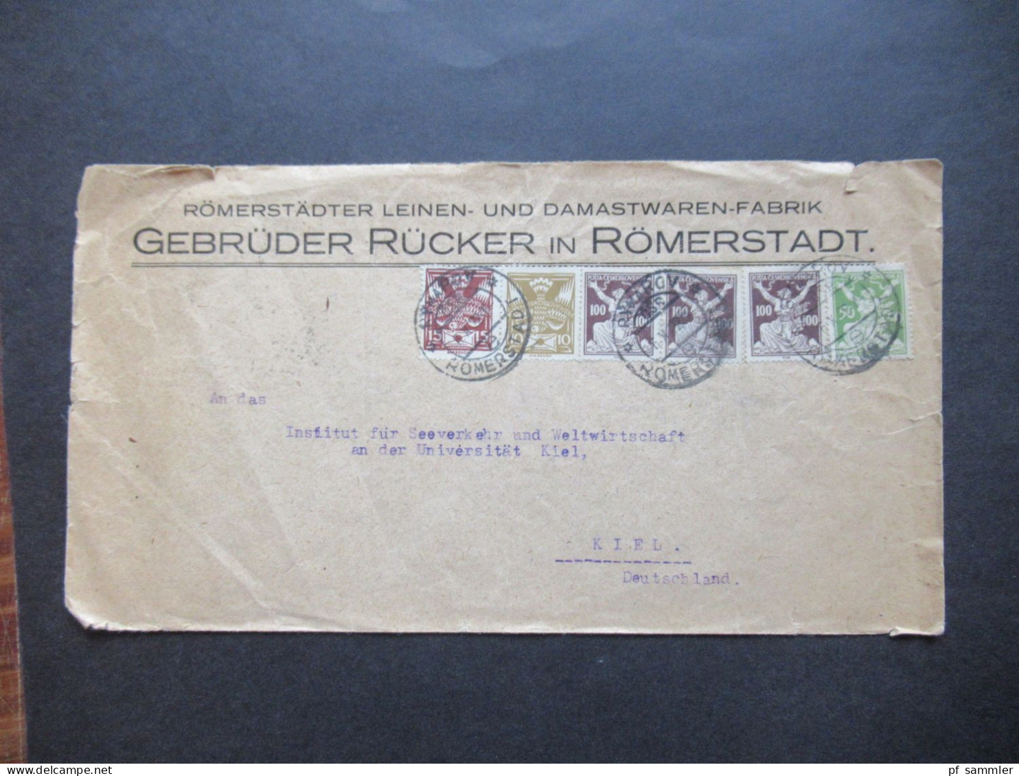 1922 CSSR / Böhmen Firmenumschlag Römerstädter Leinen Und Damastwaren Fabrik Gebrüder Rücker In Römerstadt Nach Kiel - Lettres & Documents