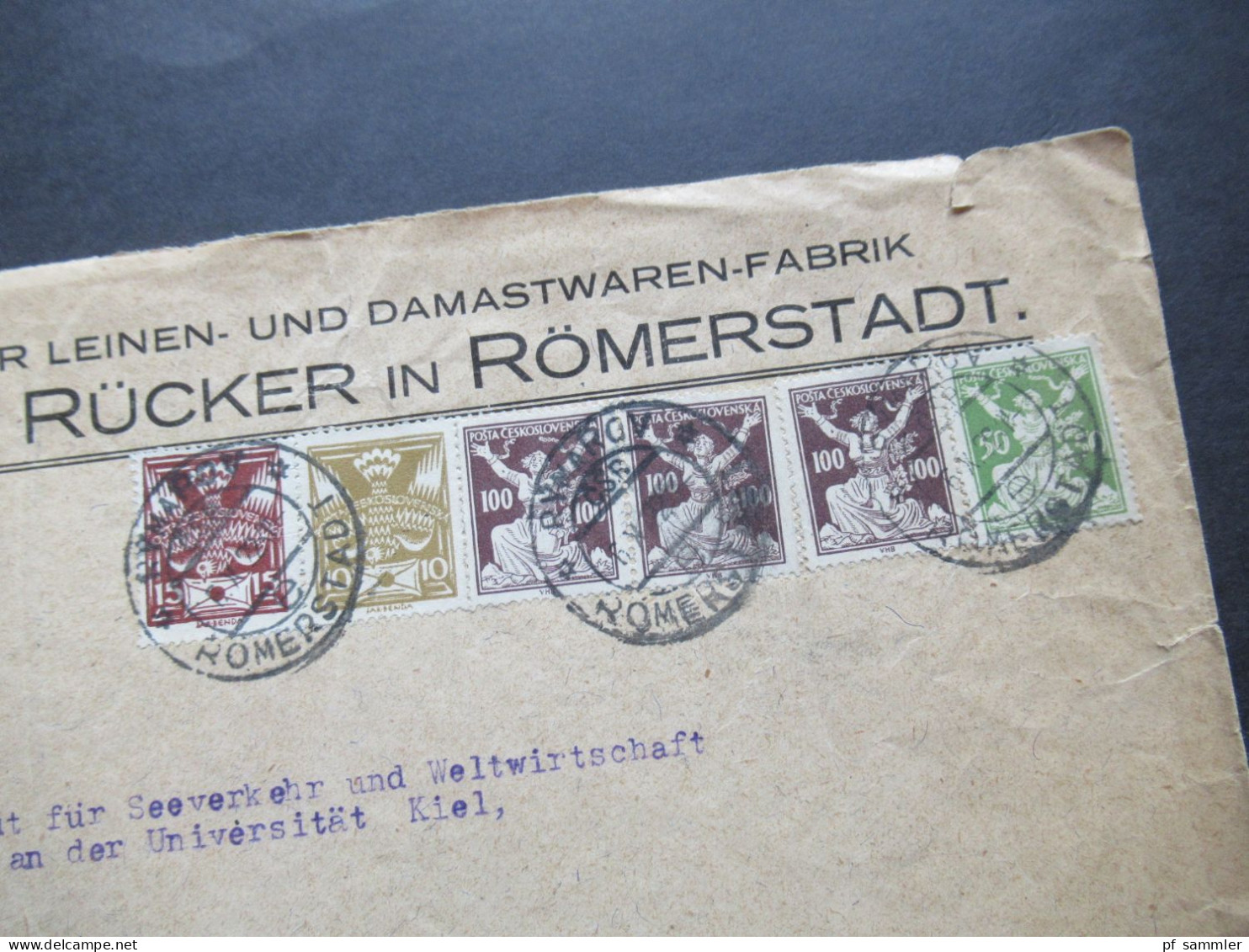 1922 CSSR / Böhmen Firmenumschlag Römerstädter Leinen Und Damastwaren Fabrik Gebrüder Rücker In Römerstadt Nach Kiel - Cartas & Documentos