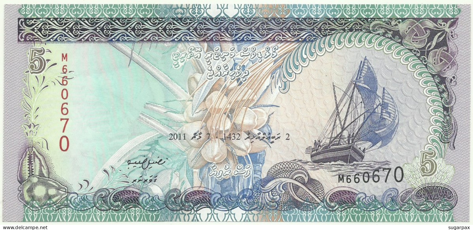 MALDIVES - 5 Rufiyaa - 2011 - UNC. - P 18.e - Serie M - Dhow - Monetary Authority - Maldivas