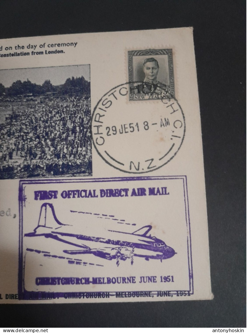 29 June 1951 First Official Direct Air Mail Christchurch  -Melbourne. - Corréo Aéreo