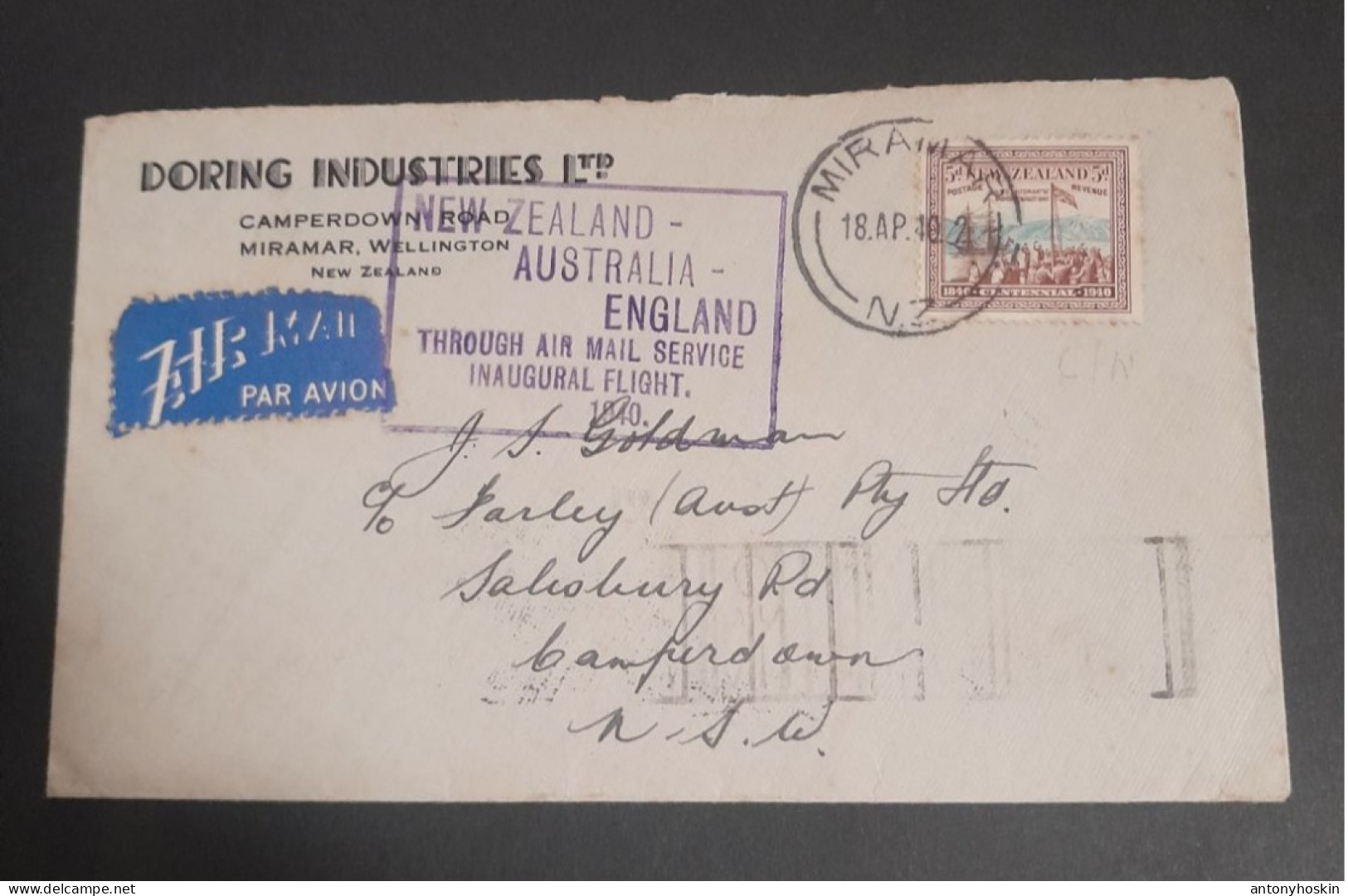 18 April 1940New Zealand-Australia -England Through Air Mail Service Inaugural  Flight - Luchtpost