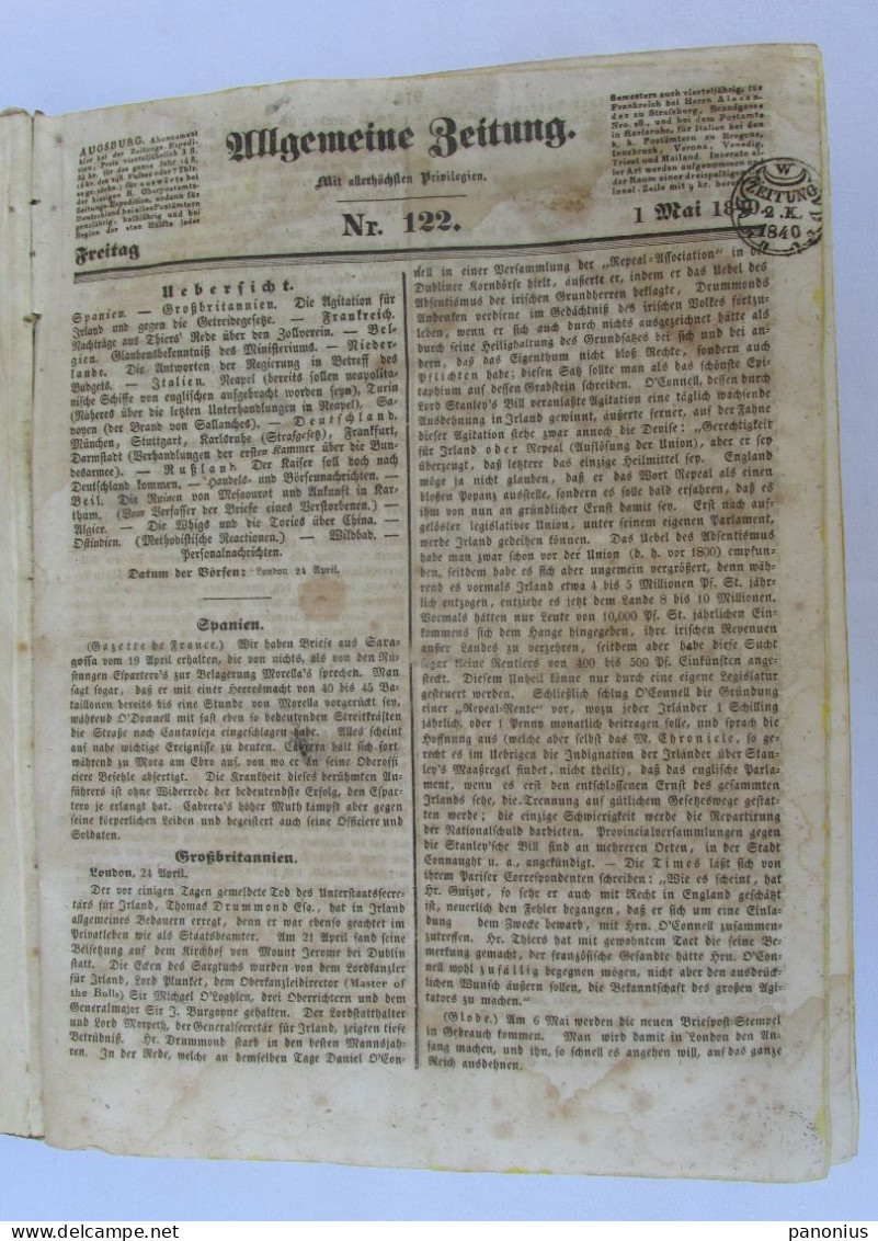 ALLGEMEINE ZEITUNG AUGSBURG GERMANY Year 1840. NEWSPAPER ( Numbers 122 - 182 ) - Otros & Sin Clasificación