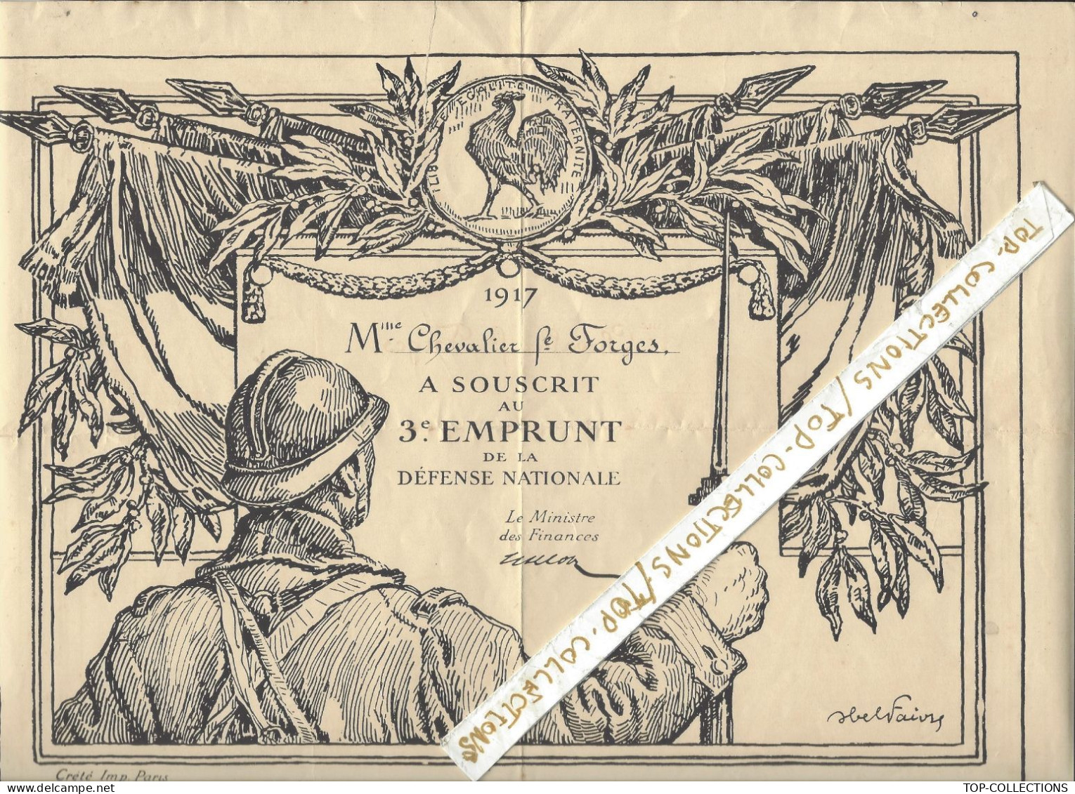 1917 GUERRE 1914 1918 WW1 GRAND FORMAT BULLETIN SOUCRIPTION EMPRUNT  DEFENSE NATIONALE Abel Faivre Ill.V.SCANS - Documents Historiques