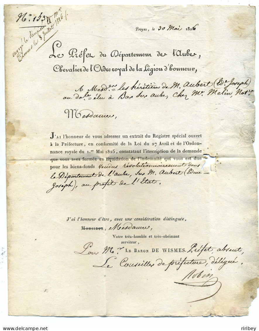 9 TROYES + Prefet Dept De L'Aube ( En Bleu ) / Entête De La Prefecture / 20 Mai 1826 / Baron De Wismes - 1801-1848: Précurseurs XIX
