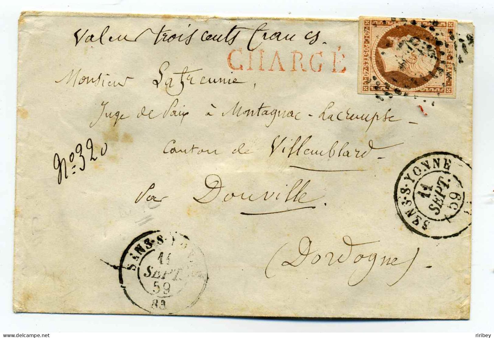T15 SENS SUR YONNE Sur Lettre CHARGE / Valeur 300frs / Bloc De Chagt Noir Au Verso / 1859 / Dept De La Nievre - 1849-1876: Période Classique