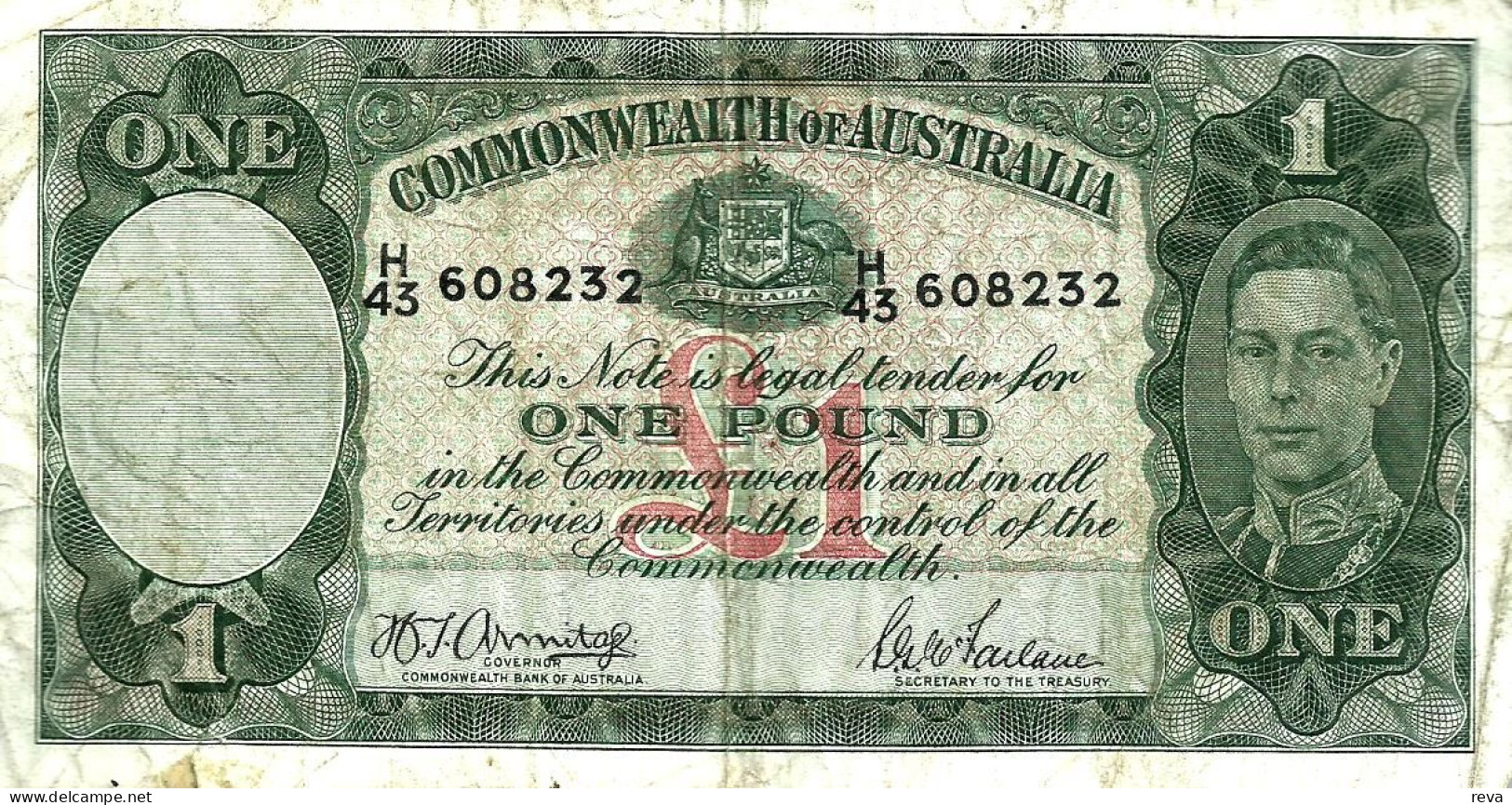 AUSTRALIA 1 POUND GREEN KGVI HEAD 2ND SIGNATURE BACK MOTIF ND(1942) F+ CV$120 DARK BACK W.1966 READ DESCRIPTION - 1938-52