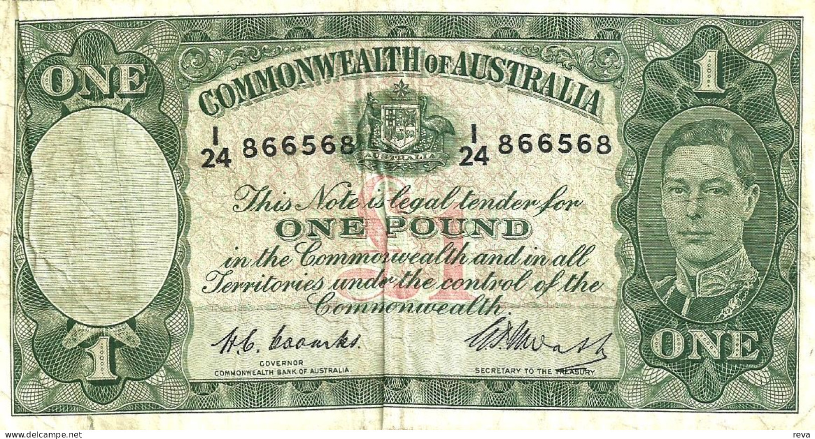 AUSTRALIA 1 POUND GREEN KGVI HEAD 2ND SIGNATURE BACK MOTIF ND(1942) F+ CV$120 DARK BACK W.1966 READ DESCRIPTION - 1938-52