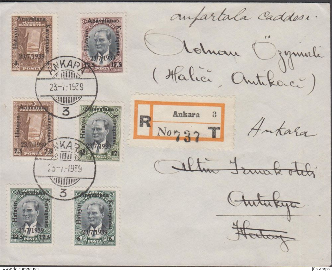 1939. TÜRKIYE. Fine Registered Rare FDC With Complete Set Overprinted Hatayin Anavata... (Michel 1053 - 1058) - JF442642 - Storia Postale