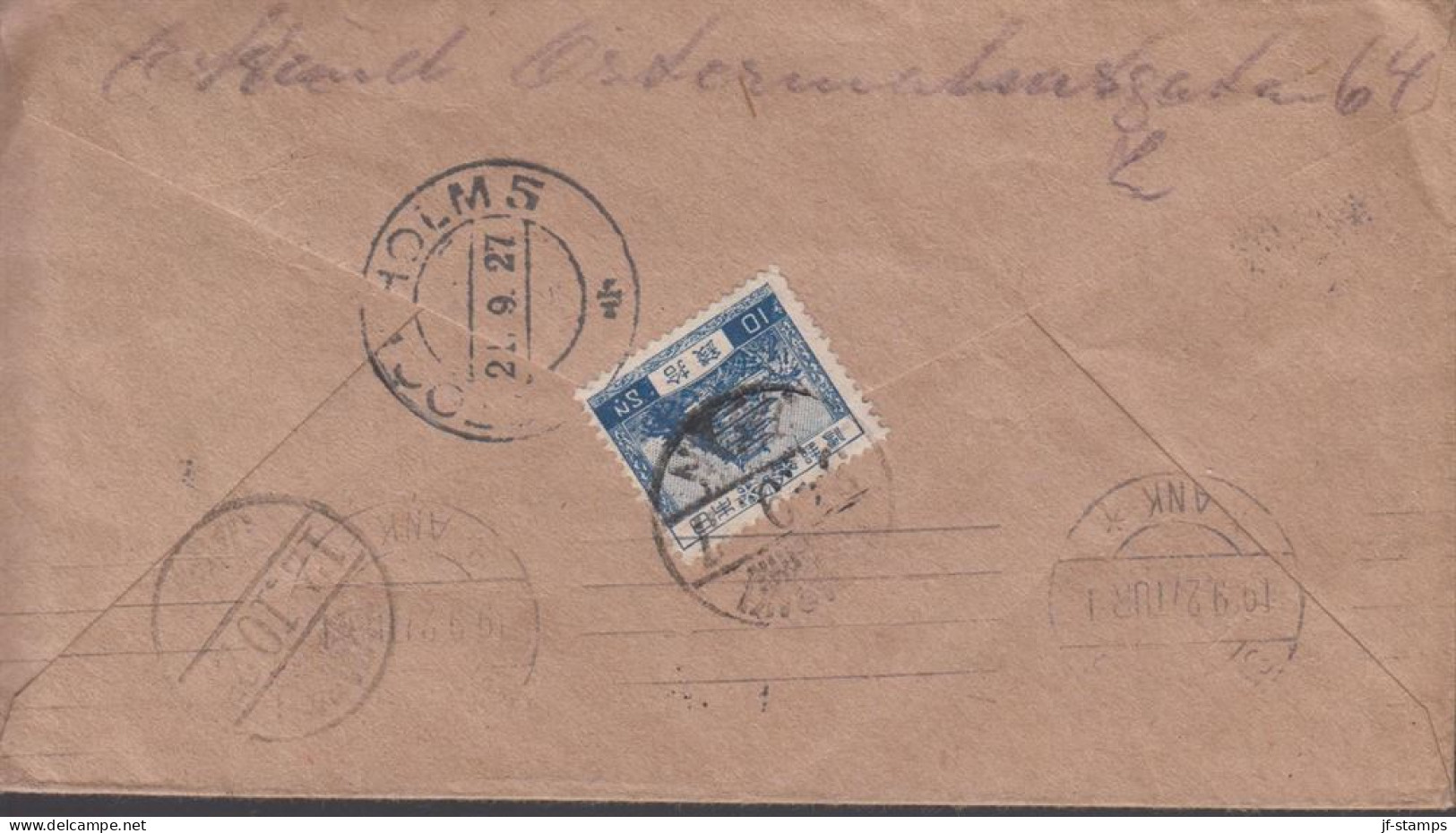 1927. JAPAN. Beautiful Small Envelope To Sweden Via Siberia With 10 Sn Nagoya,  Daimyo. Readr... (Michel 179) - JF442643 - Cartas & Documentos