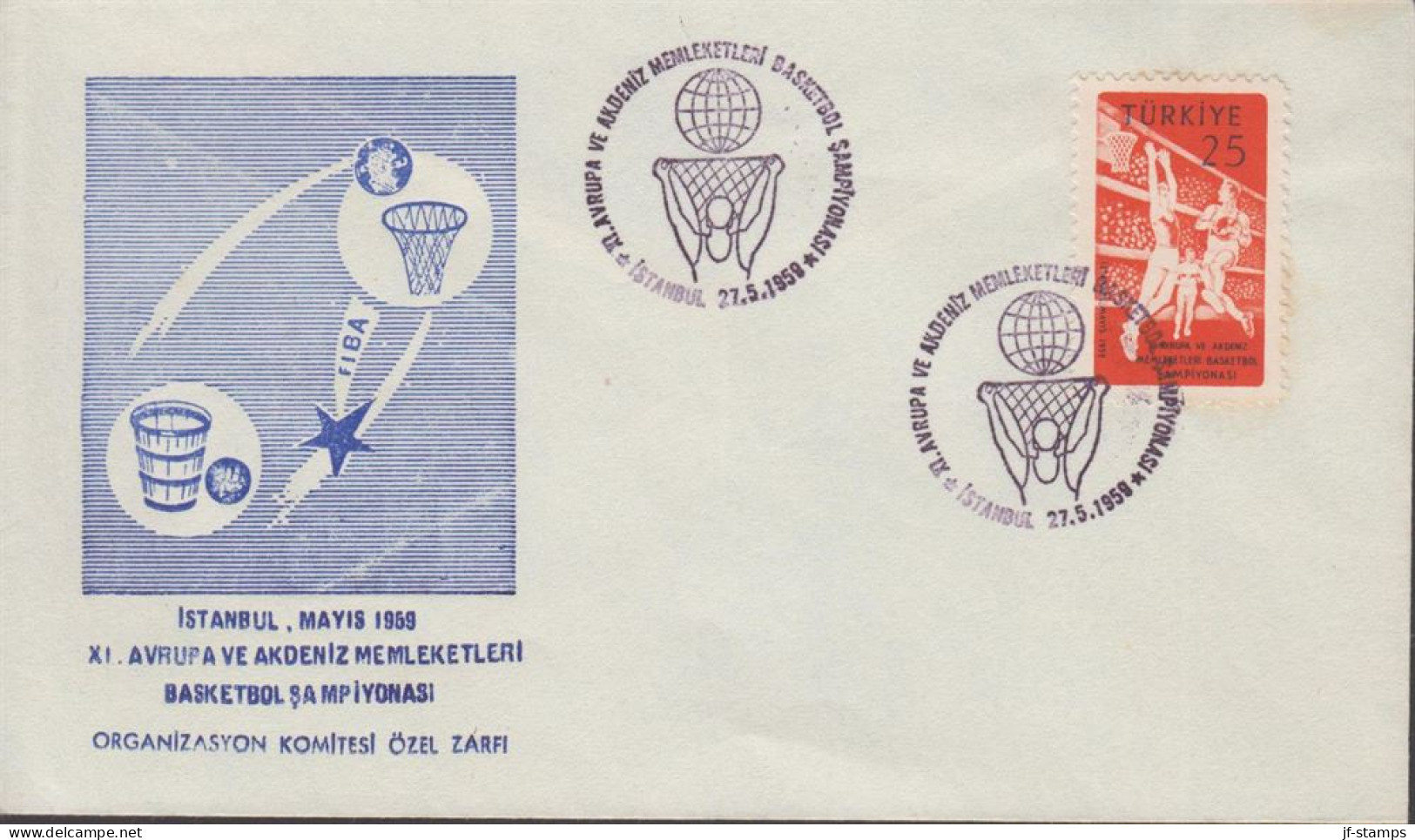 1959. TÜRKIYE. BASKETBALL EM 25 K On FDC Cancelled First Day Of Issue 27.5.1959.. Nice Cache... (Michel 1626) - JF442647 - Storia Postale