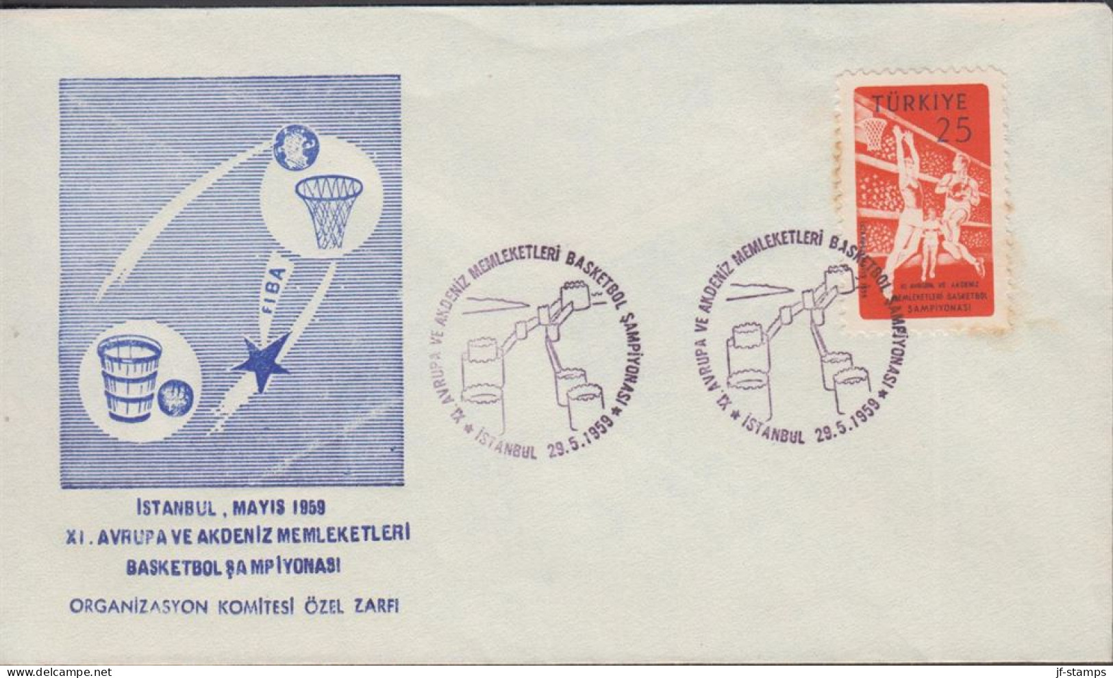 1959. TÜRKIYE. BASKETBALL EM 25 K On FDC Cancelled First Day Of Issue 27.5.1959.. Nice Cache... (Michel 1626) - JF442648 - Lettres & Documents