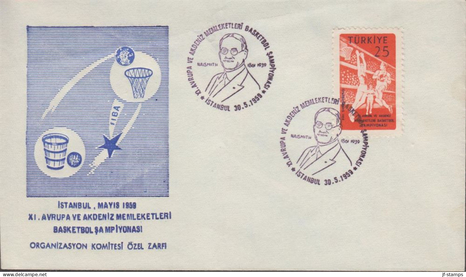 1959. TÜRKIYE. BASKETBALL EM 25 K On FDC Cancelled First Day Of Issue 27.5.1959.. Nice Cache... (Michel 1626) - JF442649 - Brieven En Documenten