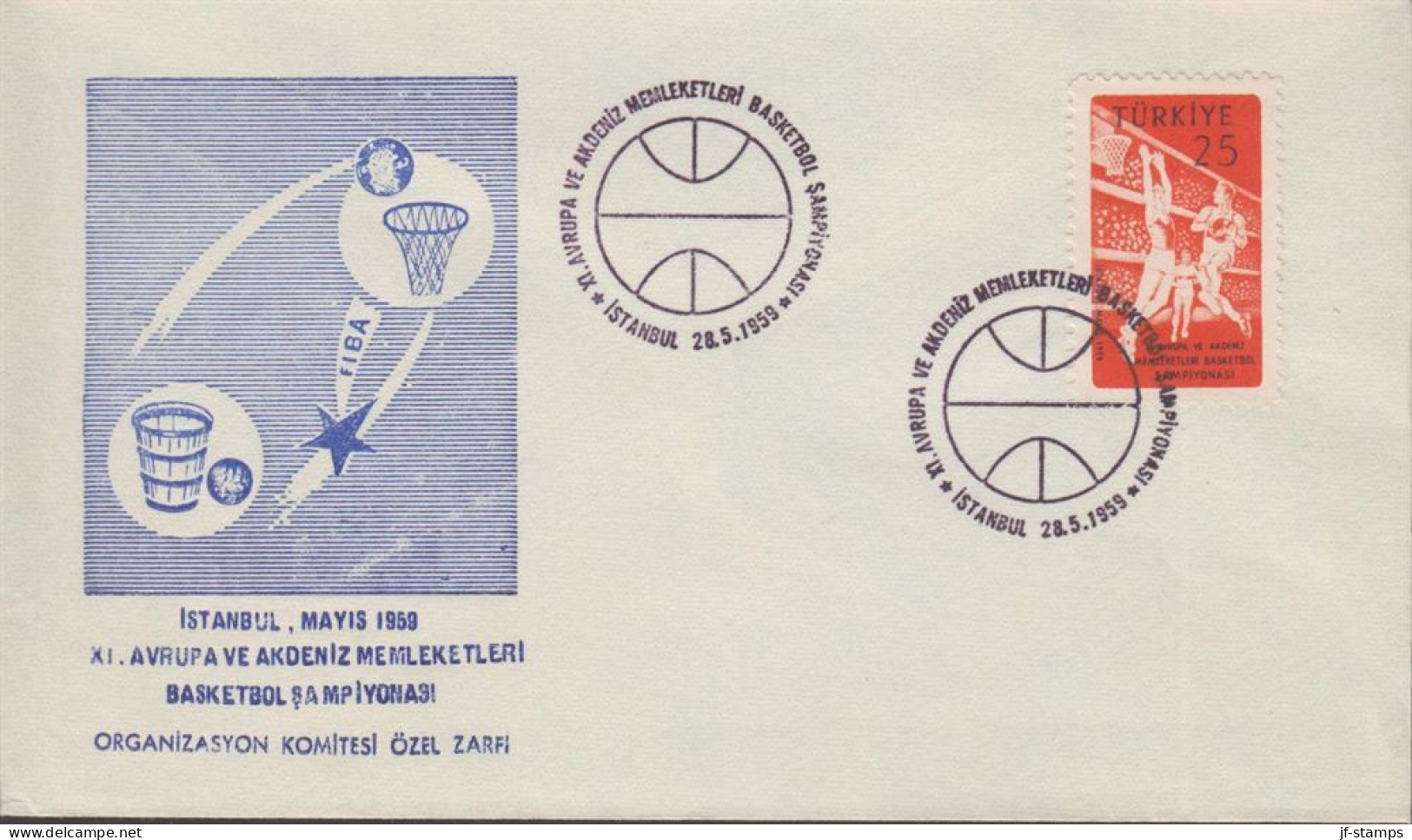 1959. TÜRKIYE. BASKETBALL EM 25 K On FDC Cancelled First Day Of Issue 27.5.1959.. Nice Cache... (Michel 1626) - JF442651 - Covers & Documents