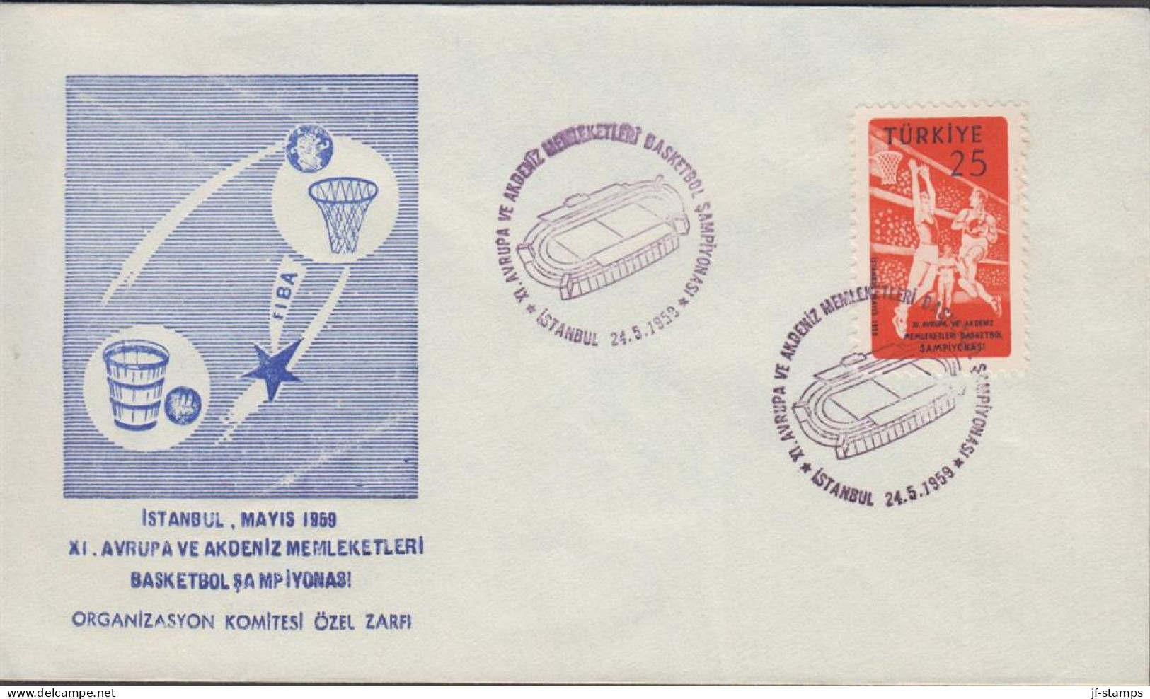 1959. TÜRKIYE. BASKETBALL EM 25 K On FDC Cancelled First Day Of Issue 27.5.1959.. Nice Cache... (Michel 1626) - JF442652 - Covers & Documents