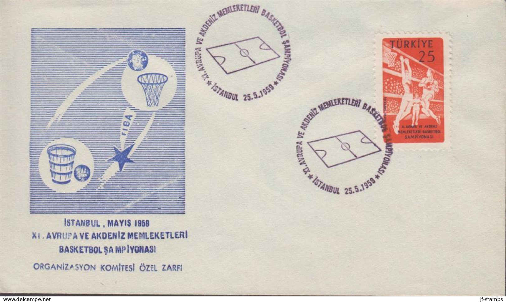 1959. TÜRKIYE. BASKETBALL EM 25 K On FDC Cancelled First Day Of Issue 27.5.1959.. Nice Cache... (Michel 1626) - JF442653 - Brieven En Documenten