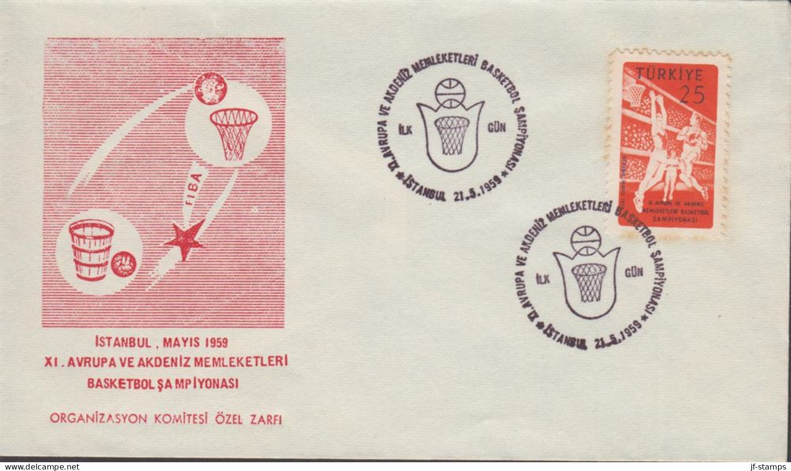 1959. TÜRKIYE. BASKETBALL EM 25 K On FDC Cancelled First Day Of Issue 27.5.1959.. Nice Cache... (Michel 1626) - JF442655 - Brieven En Documenten