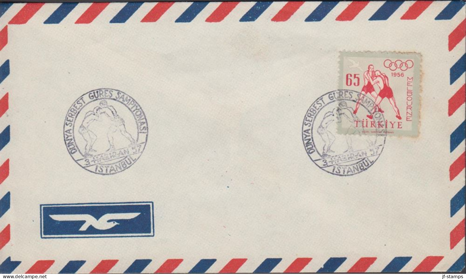 1957. TÜRKIYE. Olympics, Melbourne 65 K Wrestling On Cover With Special Wrestling Cancel.  (Michel 1491) - JF442656 - Cartas & Documentos