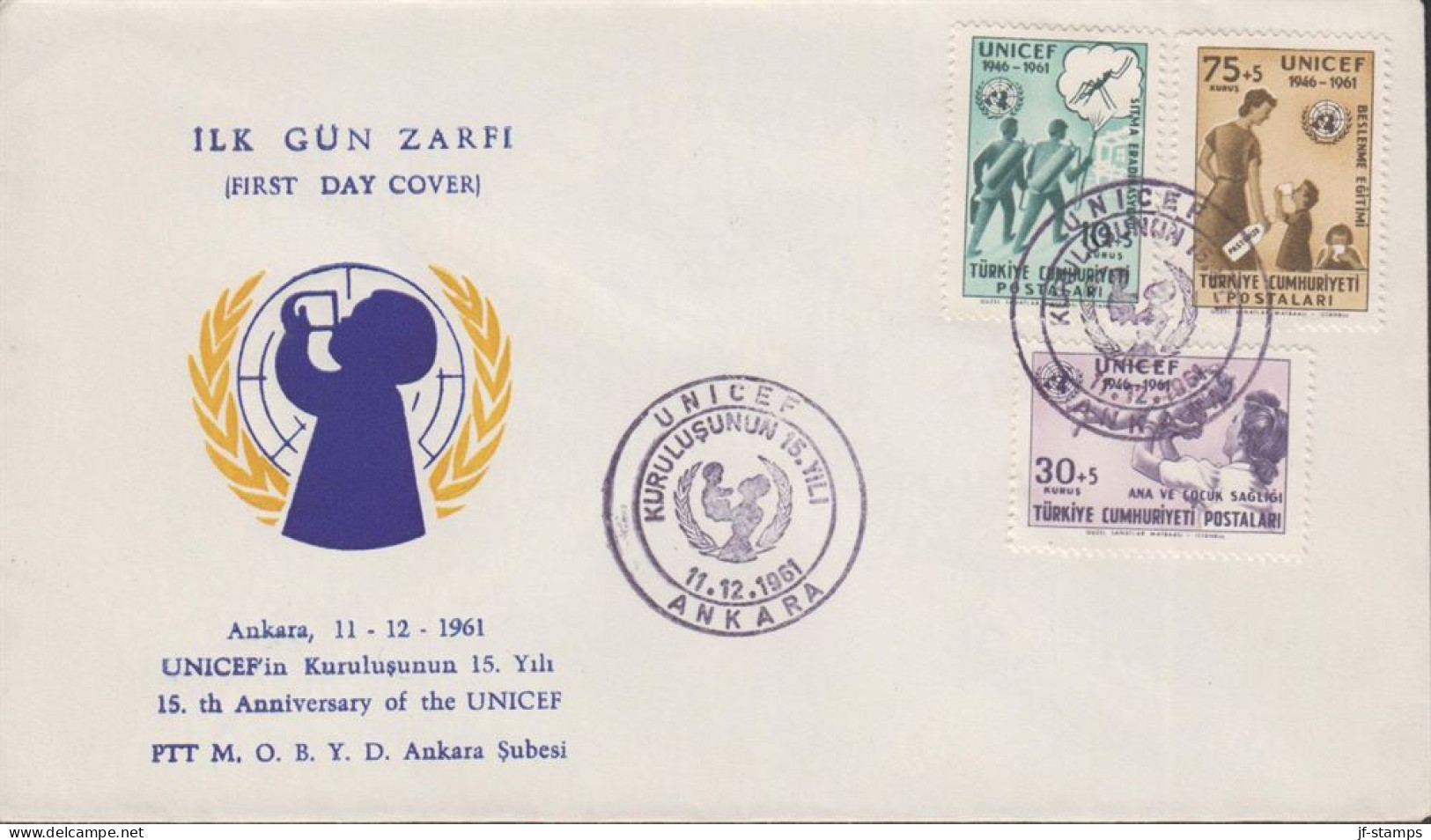 1961. TÜRKIYE. 15 Years UNICEF In Complete Set On FDC. Nice Cachet On The Envelope.  (Michel 1827-1829) - JF442662 - Covers & Documents