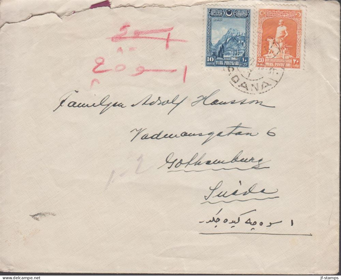 1927. TÜRKIYE. Cover (tear) To Sweden With 10 G + 20 PARA 1926-issue Cancelled ADANA 12.3.27... (Michel 844+) - JF442688 - Lettres & Documents