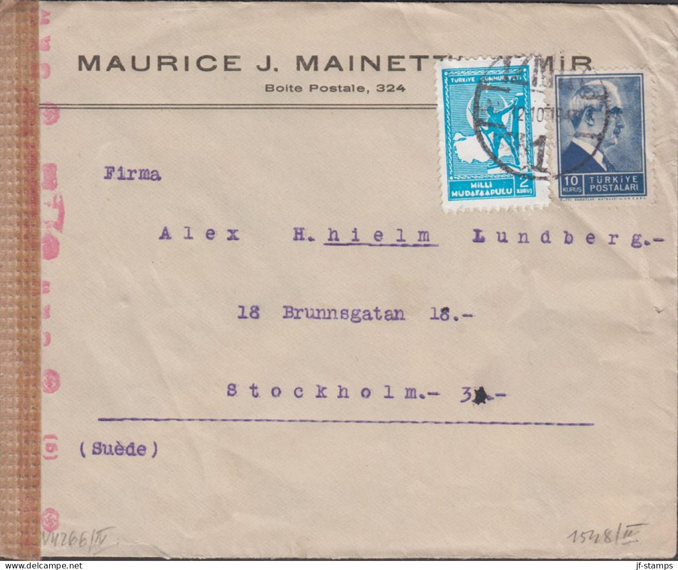 1943. TÜRKIYE. Censored Cover To Sweden With 10 Krs İnönü+ 2 KURUS Charity Stamps Red ... (Michel 1145+ C 62) - JF442700 - Unused Stamps