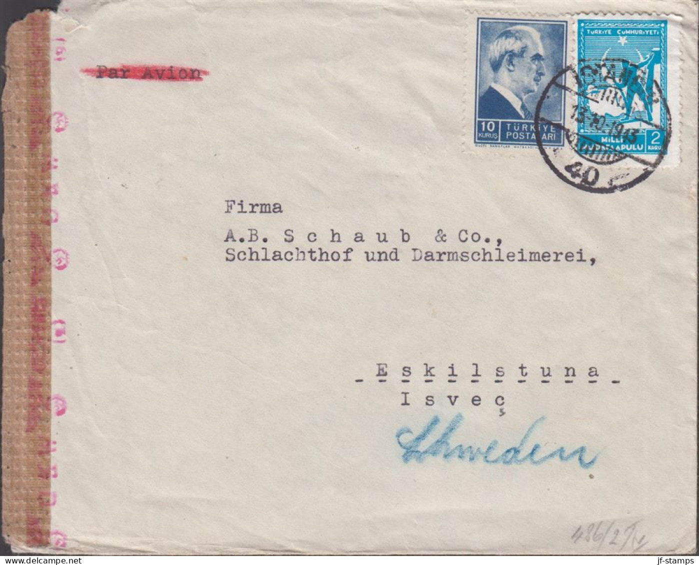 1943. TÜRKIYE. Censored Cover (tear) To Sweden With 10 Krs İnönü+ 2 KURUS Charity Stam... (Michel 1145+ C 62) - JF442701 - Ungebraucht