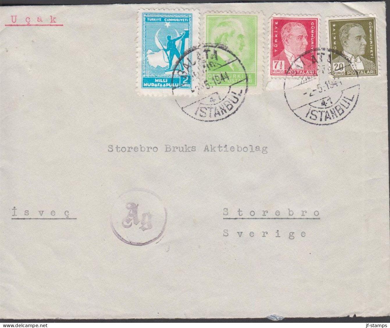 1944. TÜRKIYE. Censored Cover Par Avion To Storebro, Sweden With 7½ + 20 Krs Atatürk + ... (Michel 958+ C 62) - JF442704 - Nuevos