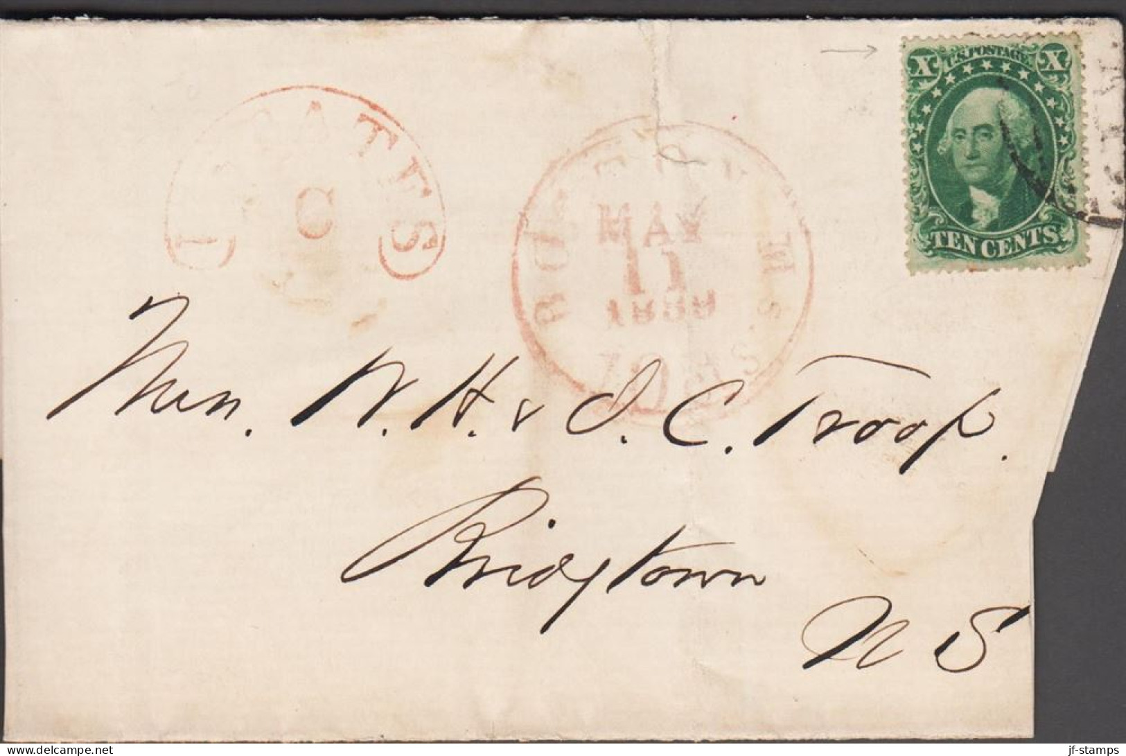 1859. USA. 10 CENTS WASHINGTON Perforated 15½. Beautiful Stamp On Large Piece Of Cover To Nova... (MICHEL 11) - JF535864 - Lettres & Documents