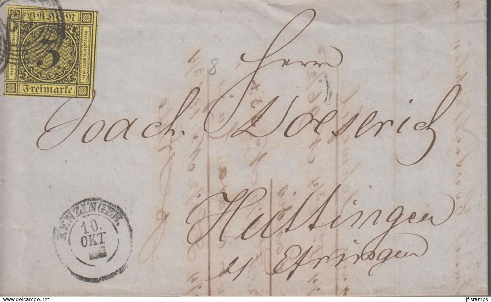 1853. BADEN. Ziffer Im Kreis. 3 Kr. On Fine Small Envelope To Huttingen Cancelled With Nummeral Cancel And... - JF535876 - Briefe U. Dokumente