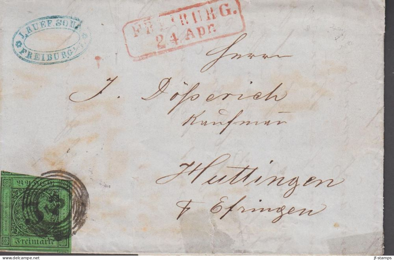 1857. BADEN. Ziffer Im Kreis. 3 Kr. On Small Envelope (tears) To Huttingen Cancelled With Nummeral Cancel ... - JF535877 - Brieven En Documenten