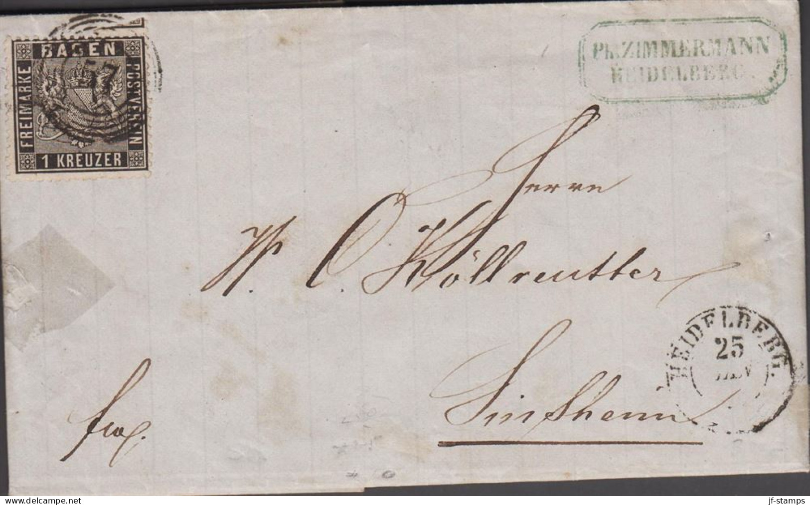 1862. BADEN. , Wappen (Hintergrund Liniiert.) 1 KREUZER Single On Small Cover (tear) To Simsheim Cancelled... - JF535878 - Covers & Documents