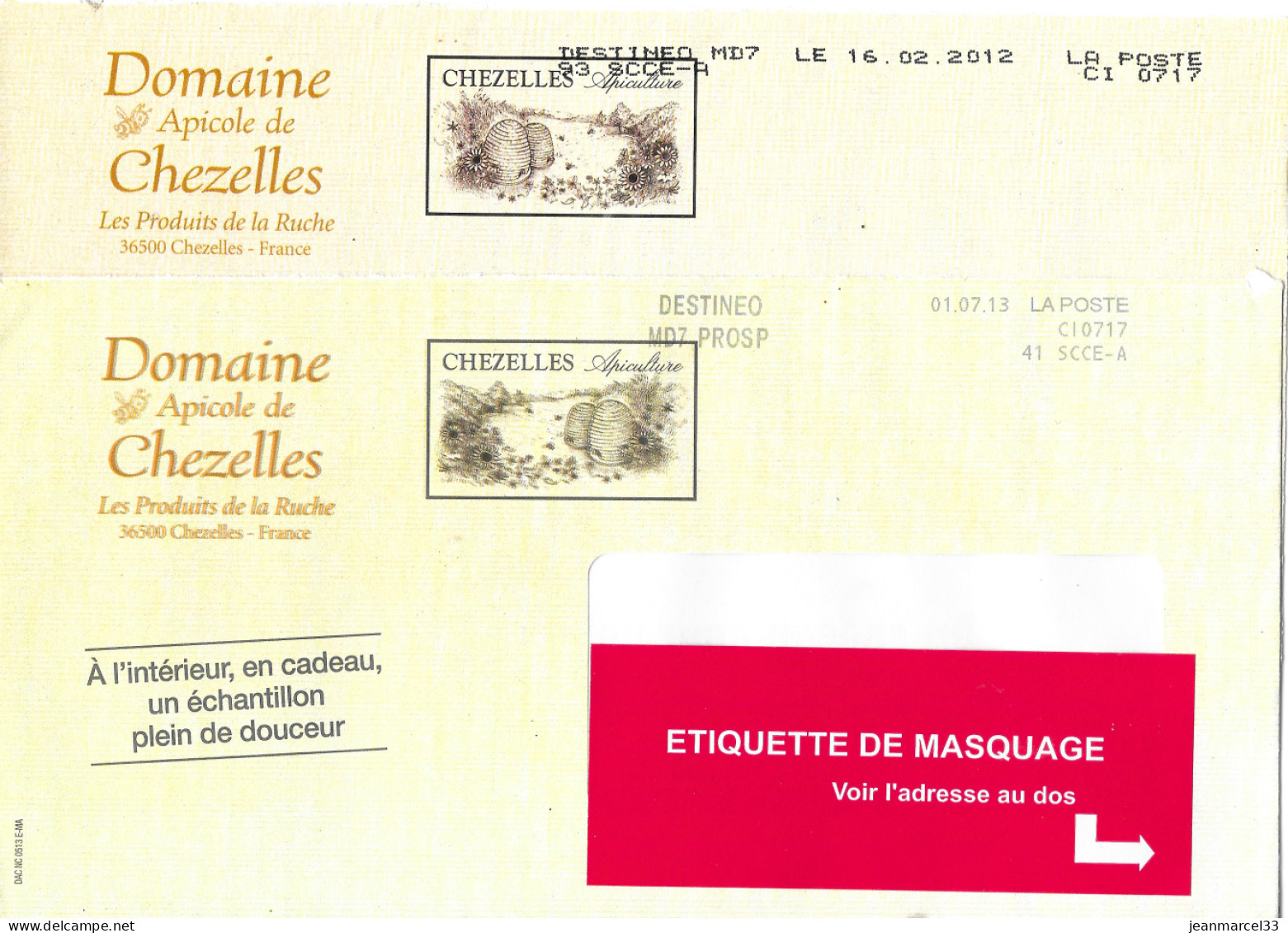 Lettres Affranchissement Chezelles Apiculteure Destinéo MD7  Du 16.02.2012 Et 01.07.13 - Private Stationery