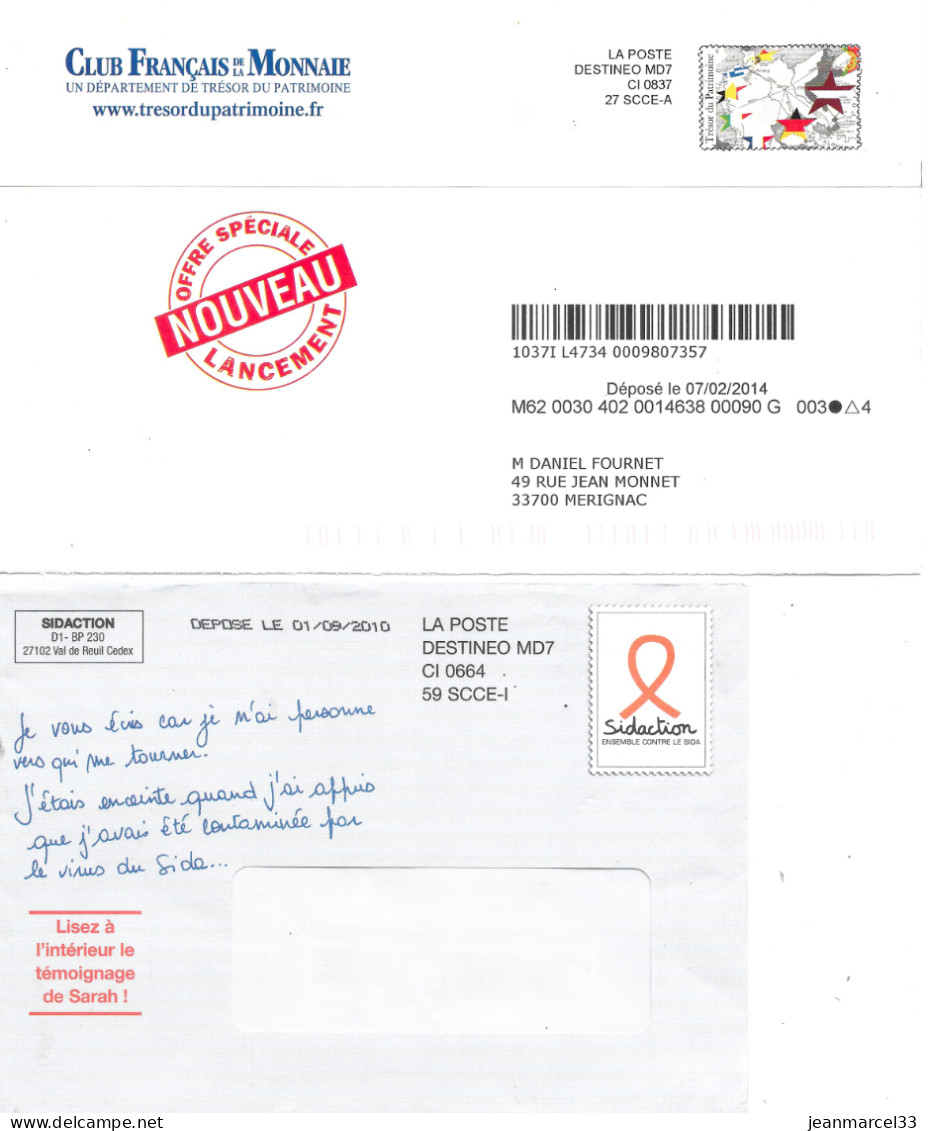 Lettres Affranchissement Sidaction Et Trésor Du Patrimoine Destinéo MD7 Du 01.09.2010 Et 07.02.2014 - Private Stationery