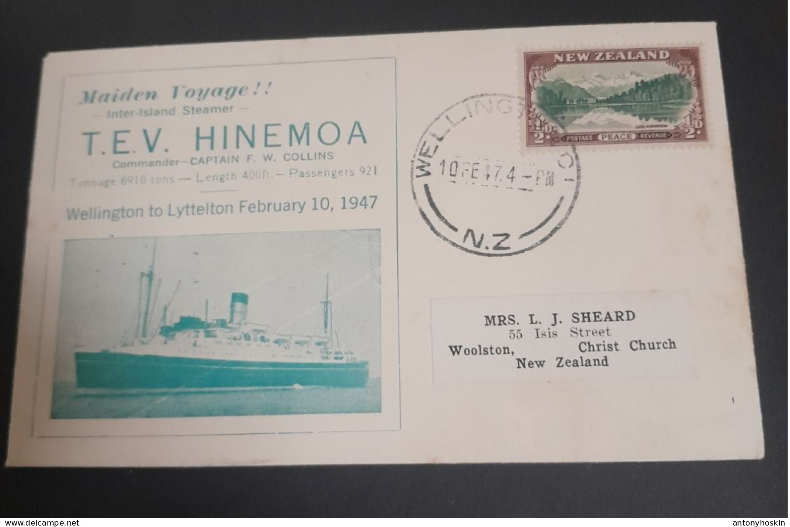 10 Feb 1947 Maiden Voyage  T.E.V Hinemoa Wellington To Lyettlton - Covers & Documents