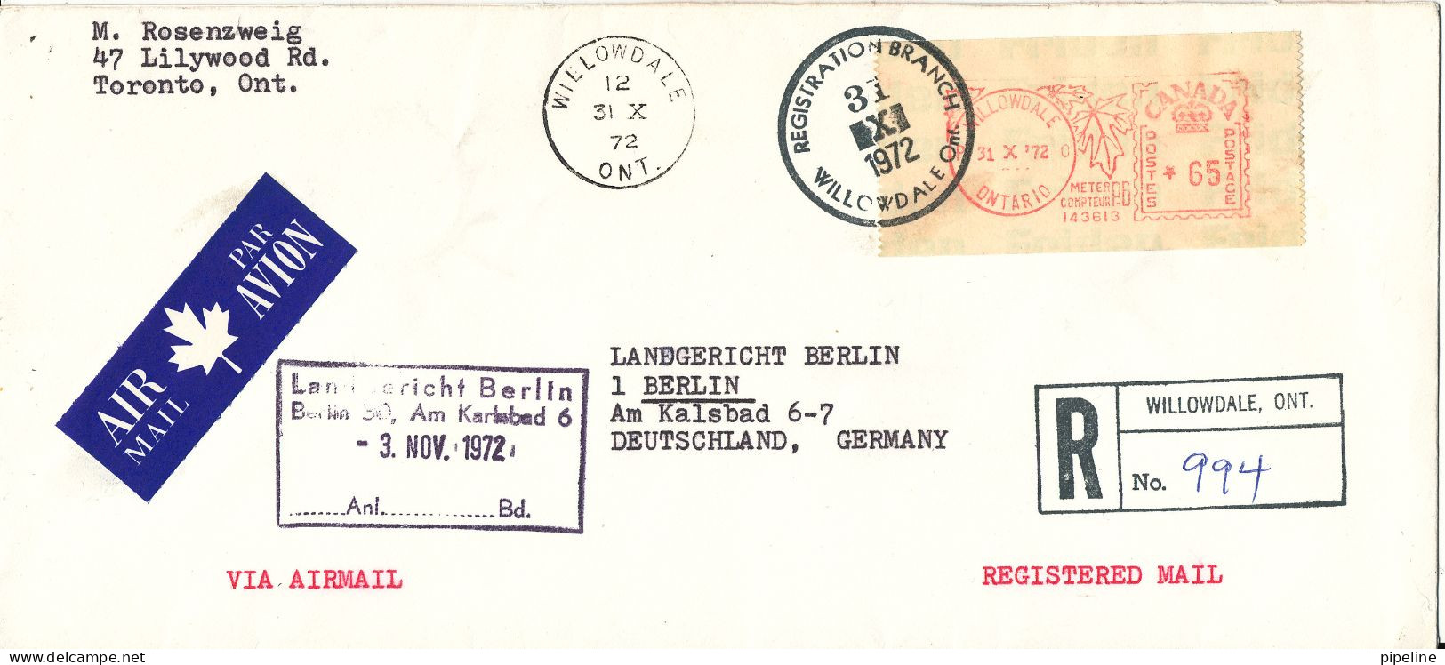 Canada Registered Cover With Meter Cancel Willowdale 31-10-1972 Sent To Germany - Storia Postale