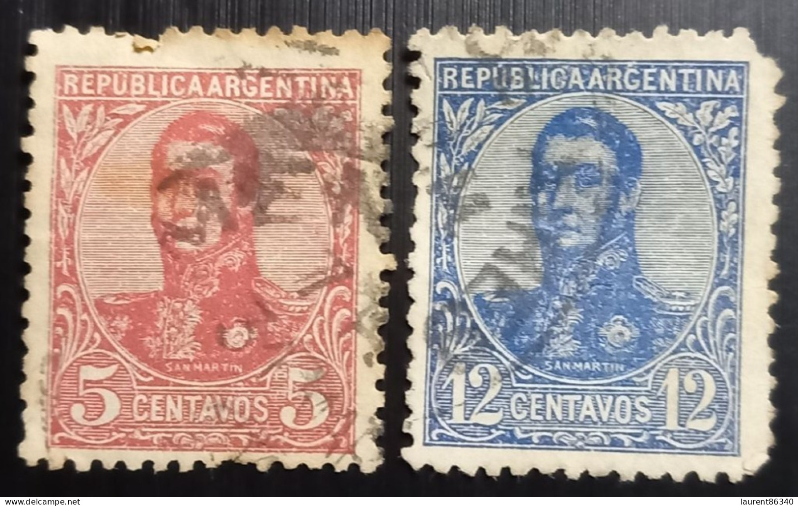 Argentine 1908 -General San Martin   Lot 2 Timbres Oblitérés - Usados