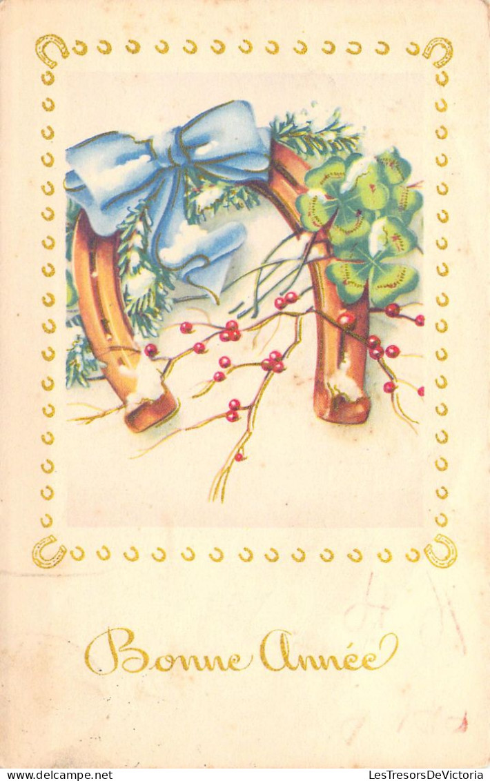 NOEL - Nouvel An - Fleur - Trèfle - Ruban Bleu - Fer à Cheval - Carte Postale Ancienne - Neujahr