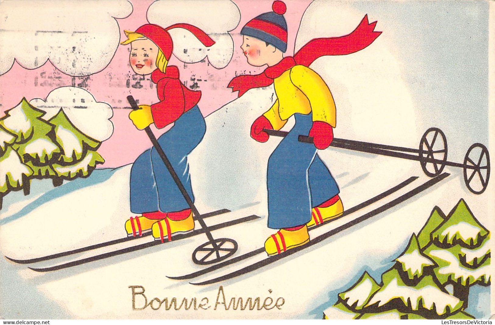 NOEL - Nouvel An - Illustration D'enfants Sur Leurs Skis - Carte Postale Ancienne - Neujahr