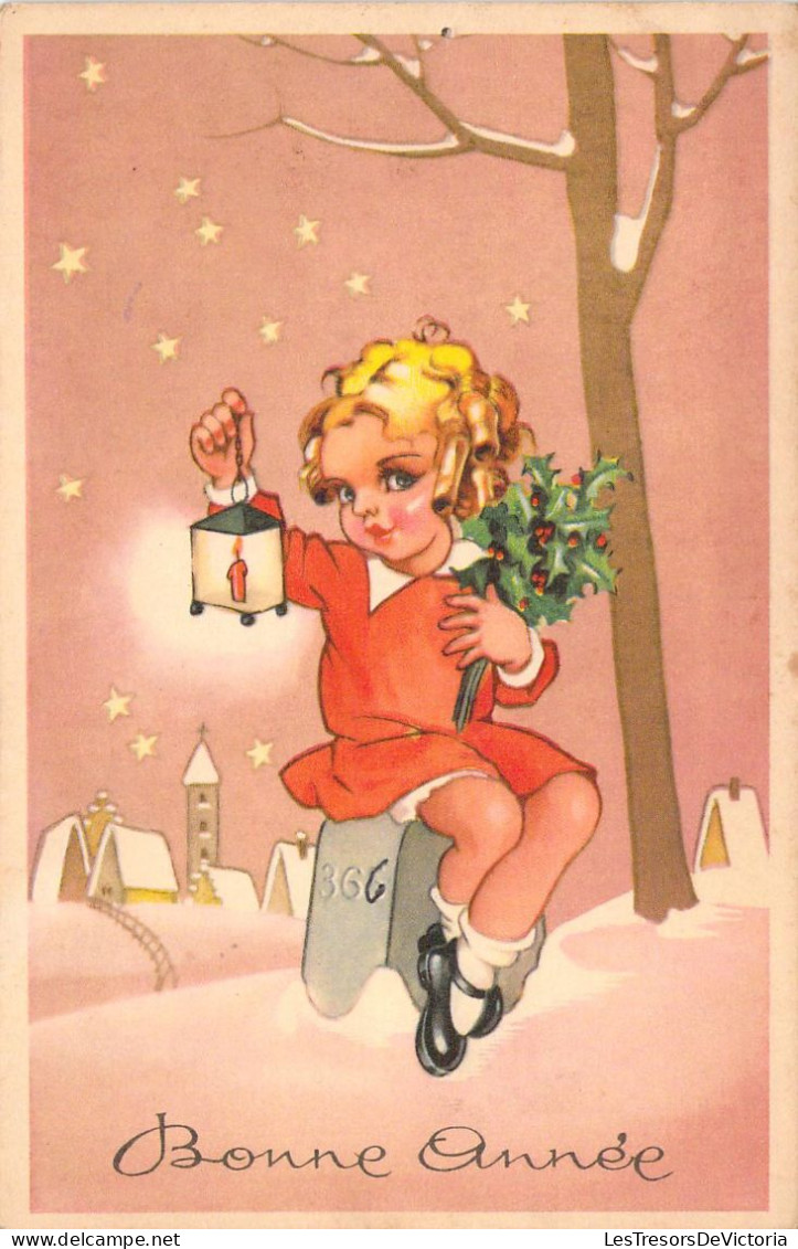 NOEL - Nouvel An - Illustration - Enfant En Robe Rouge Assise Sur Une Borne Kilométrique - Carte Postale Ancienne - Neujahr