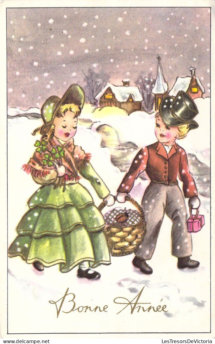 NOEL - Nouvel An - Illustration - Enfants En Robe Marchent Dans La Neige - Carte Postale Ancienne - Neujahr