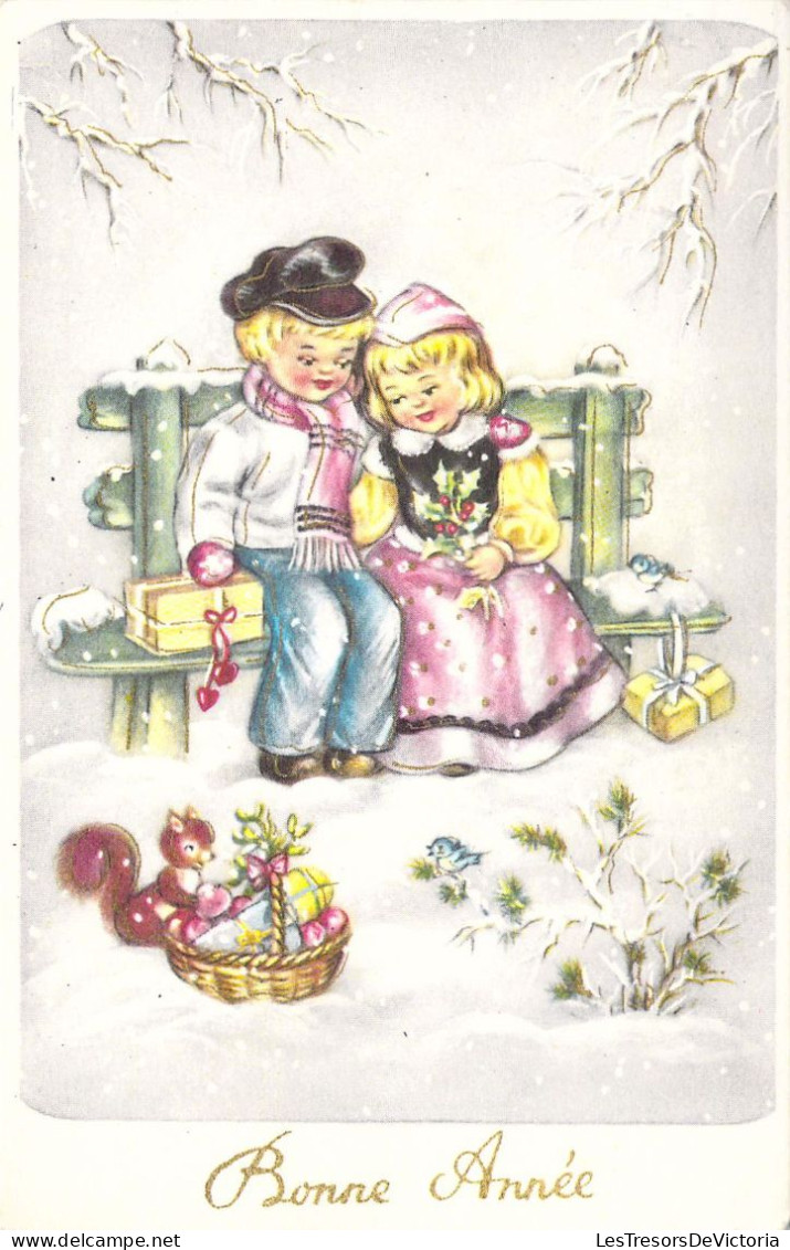 NOEL - Nouvel An - Illustration - Enfants Assis Sur Un Banc - Carte Postale Ancienne - Neujahr